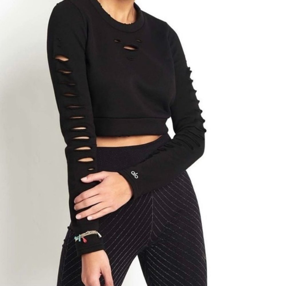 ALO Black Ripped Cropped Sweater